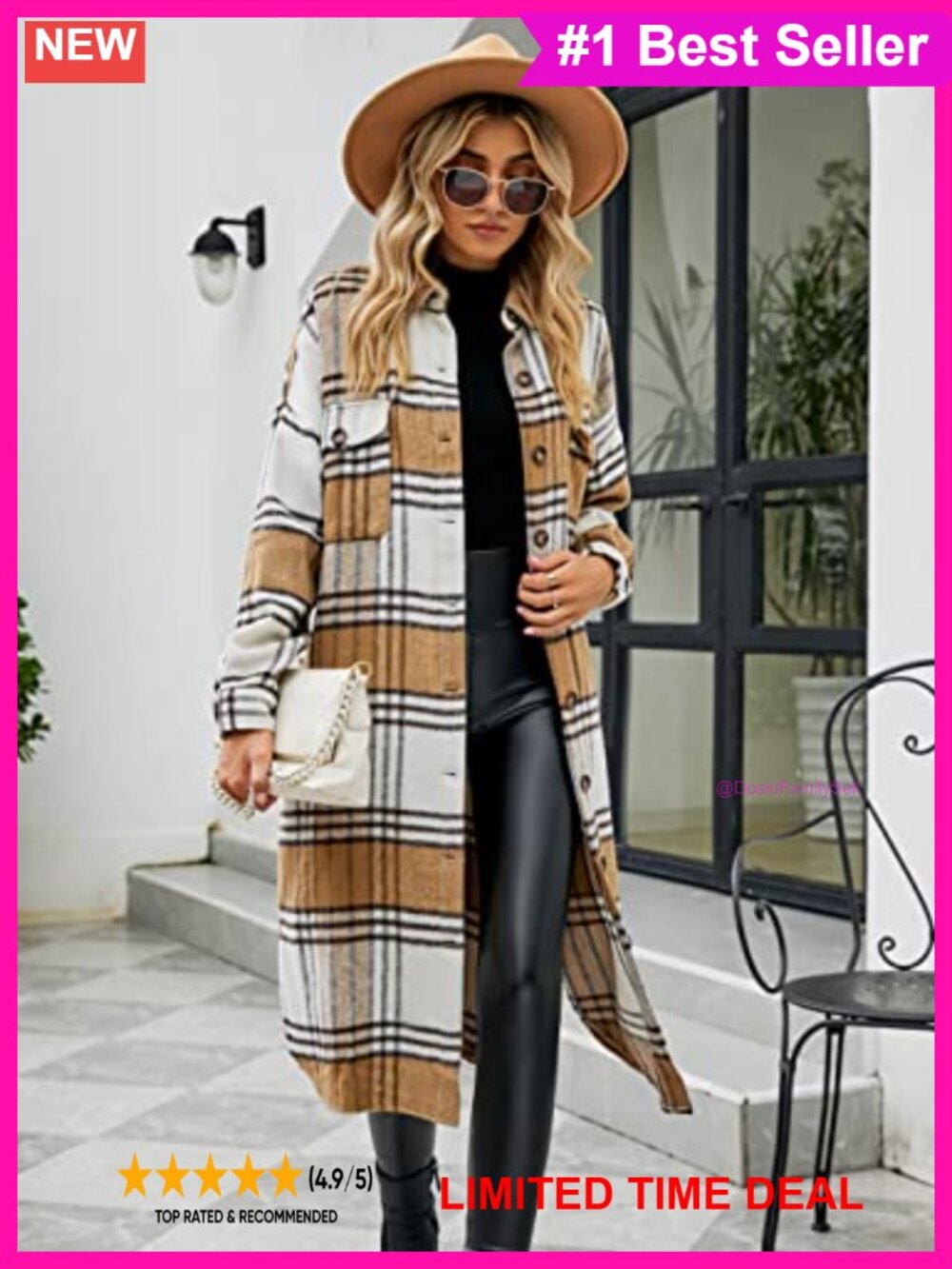Women's Plaid Wool Blend Shacket Coat Button Up Flap Pockets Long Relaxed Fit - Picture 3 of 6